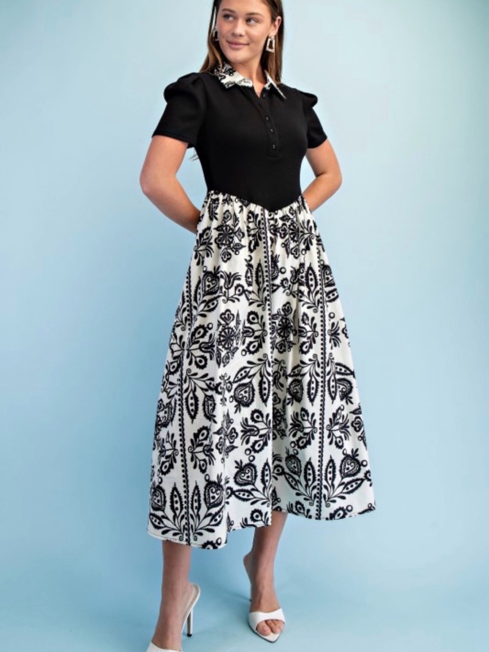 Elegant Black & White Floral Midi Dress with Collared Bodice